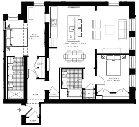 Floor plan for 2 beds, 2 baths, 1407 sqft